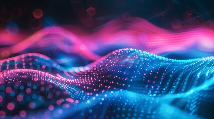Sticker - Technology digital wave background concept.Beautiful motion waving dots texture with glowing defocused particles. Cyber or technology background. hyper realistic 