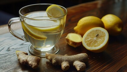 Sticker - Ginger tea with lemon on a wooden table