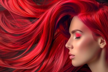 Wall Mural - Red hair close-up as a background. Women's long orange hair. Beautifully styled wavy shiny curls. Hair coloring bright shades.