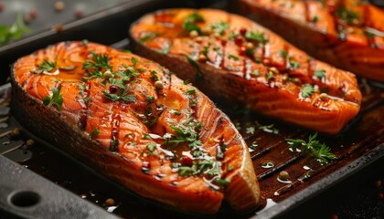 Canvas Print - Grilled salmon steak seasoned with spices and herbs is a flavorful healthy seafood dish