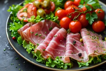 Canvas Print - Ham with tomatoes or olives and lettuce on a plate