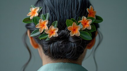 Sticker -   A close-up of a woman's hair with flowers intertwined and leaves surrounding it