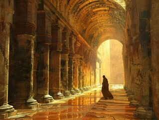 a lone traveler walks through the golden hallway of an ancient temple in the lost city of el dorado,