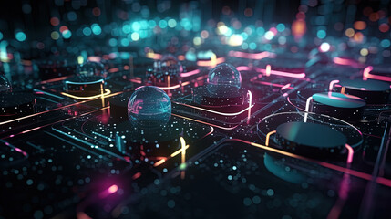 Sticker - Technology abstract background with hud styled round interface elements in neon tech light.