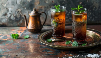 Moroccan tea served in glasses on a copper plate with kettle sweetened with mint and sugar