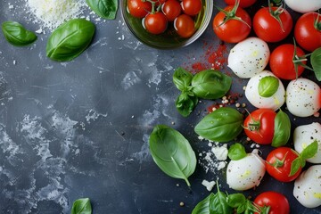 Wall Mural - Ingredients and cooking background for making caprese salad viewed from the top