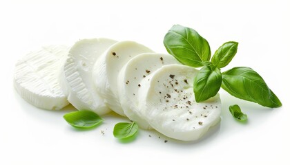 Poster - Isolated mozzarella cheese with basil leaf sliced and photographed with full depth of field on a white background using clipping path