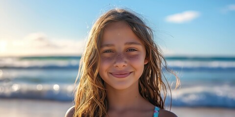Wall Mural - Portrait of a smiling young girl at the beach with waves and sunset in the background