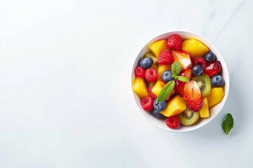 Sticker - Low calorie tasty summer fruit salad in a fresh bowl Healthy organic food on a white background with space for text