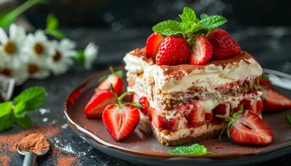 Sticker - Mascarpone strawberry tiramisu a summery twist on the classic dessert with mint leaf garnish