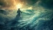 Jesus walks on water during a storm at sea waves ocean miracle. hyper realistic 
