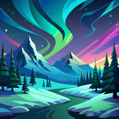 Wall Mural - winter landscape with forest and mountains, Luminous northern lights backgrounds over snowy landscapes for travel and nature documentaries.