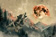 Illustration of a wolf howling at the moon in the mountains