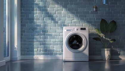 Wall Mural - New washing machine in laundry room by brick wall