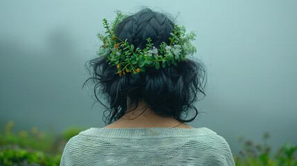 Canvas Print -   The woman's head is partially obscured by mist and adorned with a halo of flowers in her hairstyle