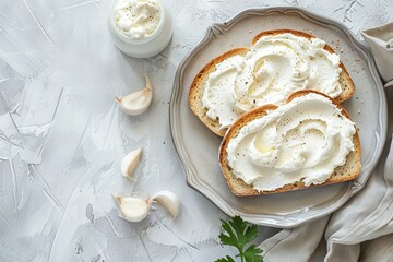Wall Mural - Overhead view of cream cheese on toast in plate on light table