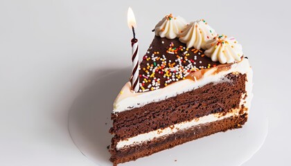 Poster - Piece of birthday cake with lit candle on a white surface