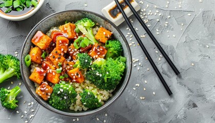 Wall Mural - Quinoa bowl topped with teriyaki sauce broccoli and smoked tofu on a grey concrete background