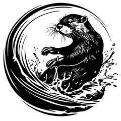 Wall Mural - Otter surfing on a wave