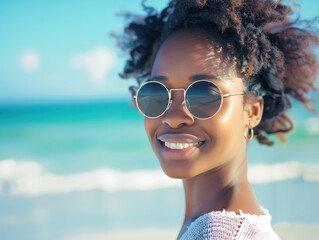 A fashionable young African American woman in shades poses at the beach, smiling with ample space for text. She looks stunning while relaxing by the sea on her summer vacation.