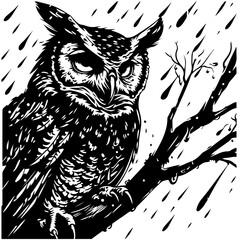 Wall Mural - Owl perched on a branch in the rain