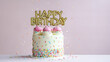 Pink birthday cake with happy birthday banner