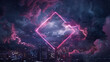 A futuristic depiction of a glowing magenta rhombus frame, surrounded by swirling, tempestuous storm clouds over a dark cityscape at night, emphasizing a blend of urban