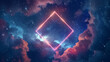 A futuristic neon rhombus frame suspended in a starry night sky, with dramatic storm clouds gathering around, the geometric shape emitting a radiant light that pierces the darkness,