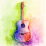 Fototapeta  - bright colorful watercolor acoustic guitar illustration. music festival, concert, event poster. square aspect ratio