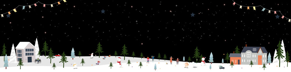 Wall Mural - Christmas Background,Cute Winter landscape in the town with Happy people celebration in city park for Christmas Eve at night,Vector Web Banner New year 2025 card,Flyers, Posters,Calendar background