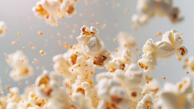 A photo of popcorn in mid air against a white background