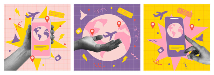 Trendy Halftone Collage Hand holding Mobile Phone, plane, Location Pin. Online tracking. Contemporary art with position element. Delivery route. Choose and find trip. Surreal vector illustration