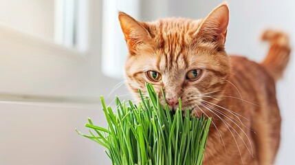 Wall Mural - cat eats grass at home Generative AI	