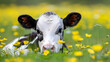 Colostrum. a black and white calf lying in a field of yellow flowers, looking directly at the camera. For advertising