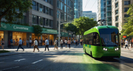 Wall Mural - Electric green tram driving in green city downtown, motion blur. Eco friendly sustainable public transport