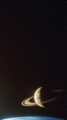 Wall Mural - the camera descends above the surface of a blue planet showing in the distance the view of a ringed 