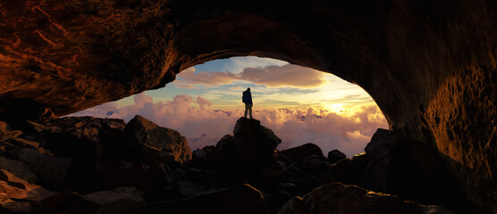 Wall Mural - adult adventurous man standing in a cave. 3d rendering mountain adventure artwork.