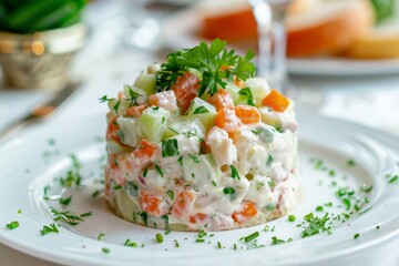 Poster - Russian salad on a white plate in a restaurant