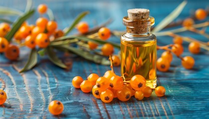 Poster - Sea buckthorn oil and berries on blue wooden table