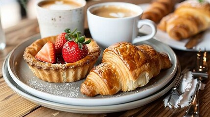 Wall Mural -   Close-up plate with croissants and coffee on table