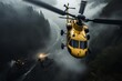 A dramatic rescue is underway as a yellow helicopter hovers above a raging river