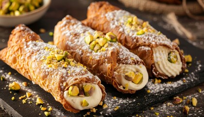 Wall Mural - Sicilian pastries with creamy filling and pistachio nuts Sicily culinary concept