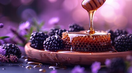 Wall Mural -  A jar brimming with blackberries encased in honey and a spoonful of honey drizzled on top