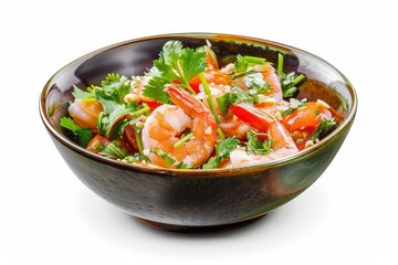 Wall Mural - Spicy Thai seafood salad with shrimp on white background with clipping path