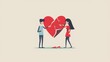 Concept of divorce, misunderstanding in family. Man and a woman in a quarrel. Couple holds a red broken heart.