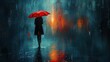   A woman holds a red umbrella in a dark and eerie setting