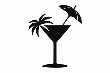 Wall Mural - Silhouette design of a tropical cocktail glass with umbrella decoration. Icon of beach drink. Black illustration isolated on white background. Print, logo, pictogram. Concept of vacation, beach drinks