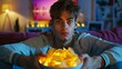 © Johannes - Young man holding a bowl of potato chips in his hands at home in his sofa for movie night in front of the tv hyper realistic
