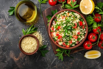 Sticker - Tabbouleh salad with couscous parsley tomato lemon olive oil Arabian traditional dish Overhead shot