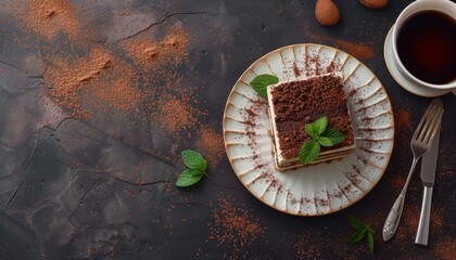 Wall Mural - Table with tiramisu cake and cup room for text